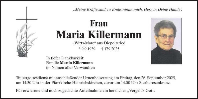 Traueranzeige Maria Killermann