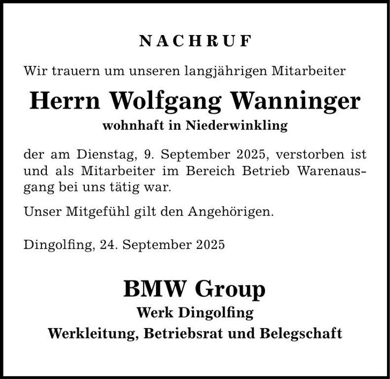 Traueranzeige Wolfgang Wanninger