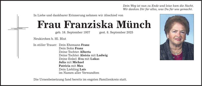 Traueranzeige Franziska Münch
