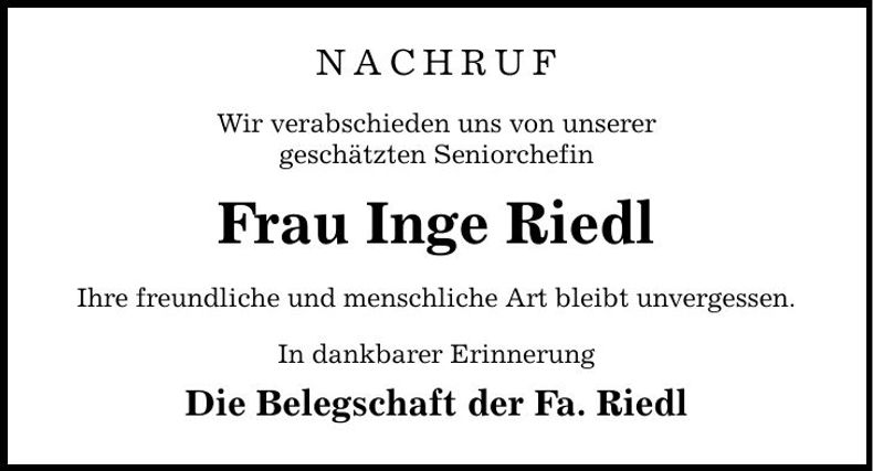 Traueranzeige Inge Riedl
