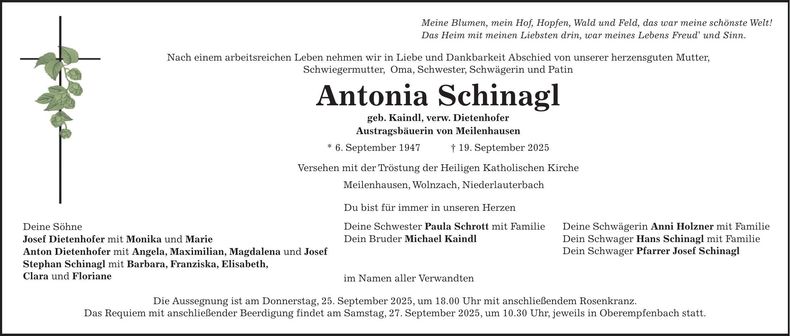 Traueranzeige Antonia Schinagl