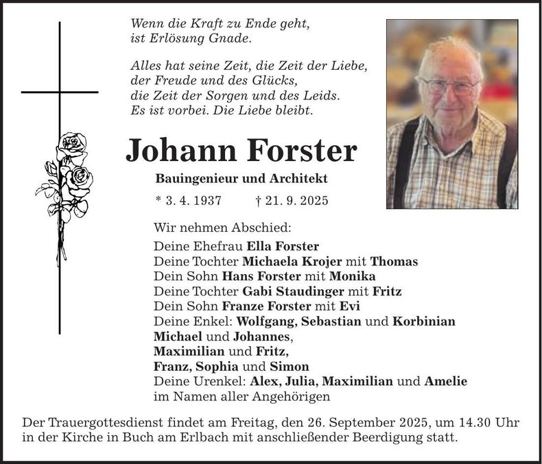 Traueranzeige Johann Forster