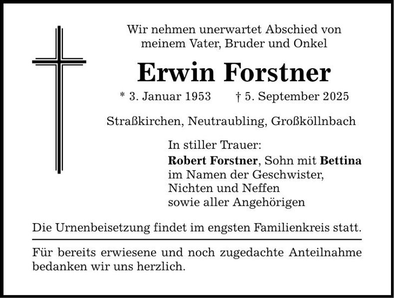 Traueranzeige Erwin Forstner
