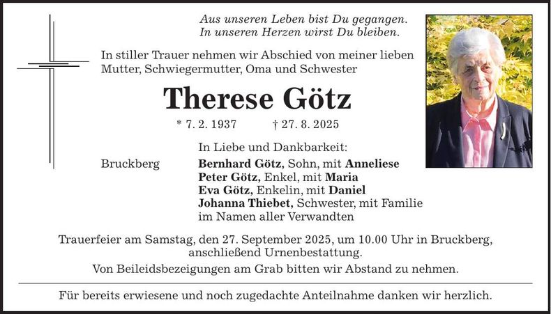 Traueranzeige Therese Götz
