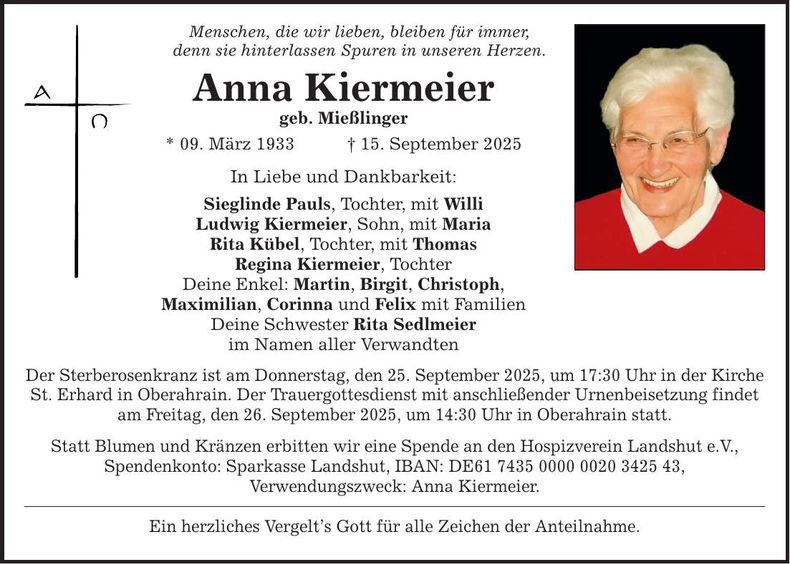 Traueranzeige Anna Kiermeier