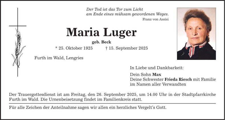 Traueranzeige Maria Luger