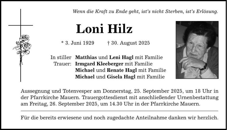 Traueranzeige Loni Hilz