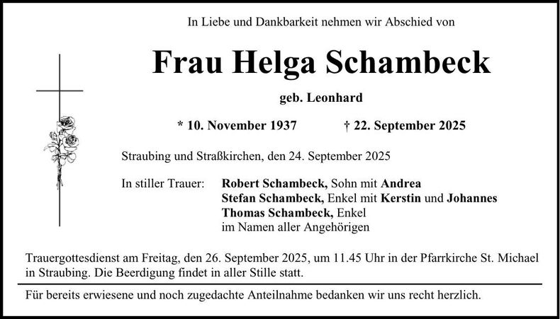 Traueranzeige Helga Schambeck