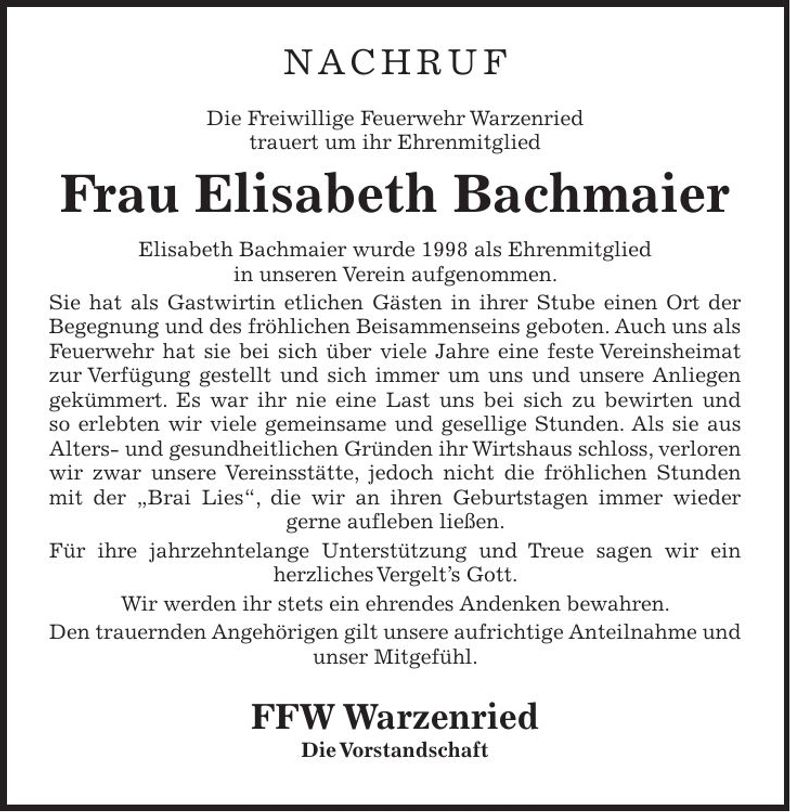Traueranzeige Elisabeth Bachmeier