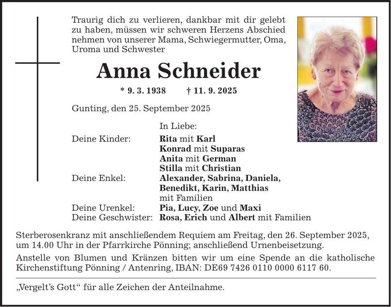 Traueranzeige Anna Schneider