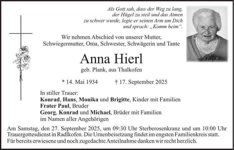 Traueranzeige Anna Hierl