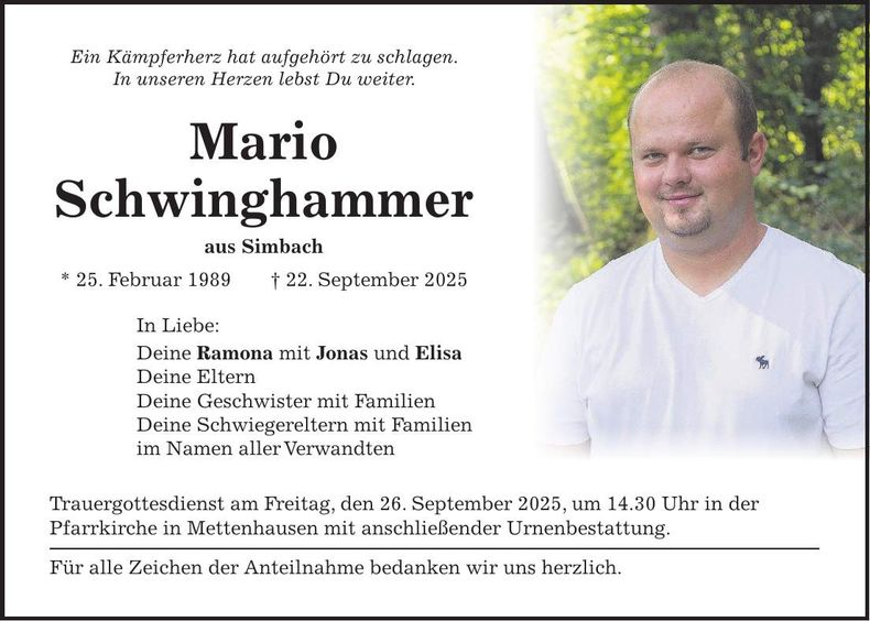 Traueranzeige Mario Schwinghammer