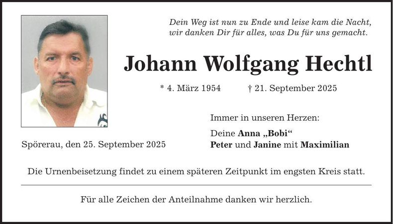 Traueranzeige Johann Wolfgang Hechtl