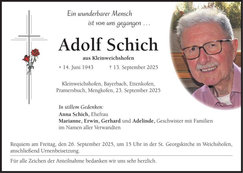 Traueranzeige Adolf Schich
