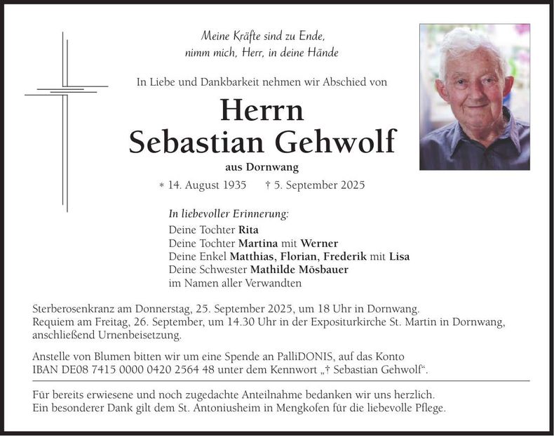 Traueranzeige Sebastian Gehwolf