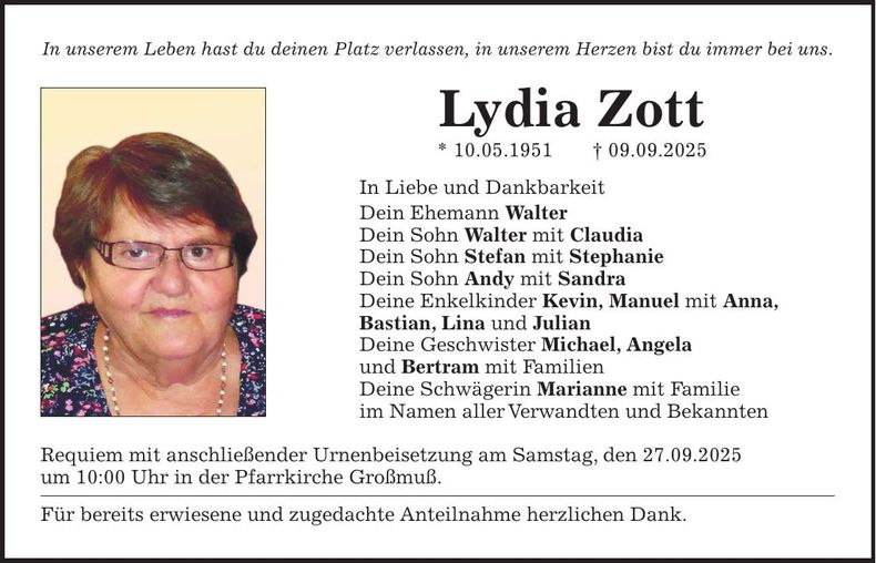 Traueranzeige Lydia Zott