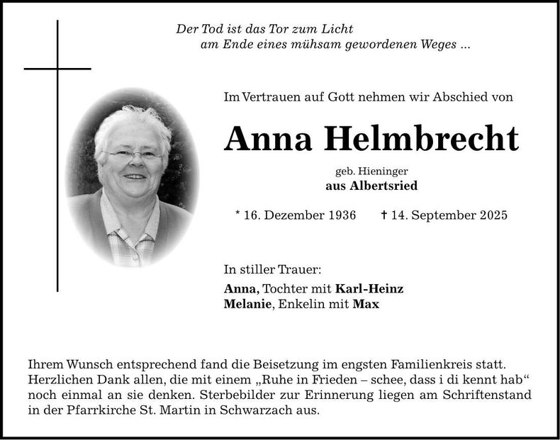 Traueranzeige Anna Helmbrecht