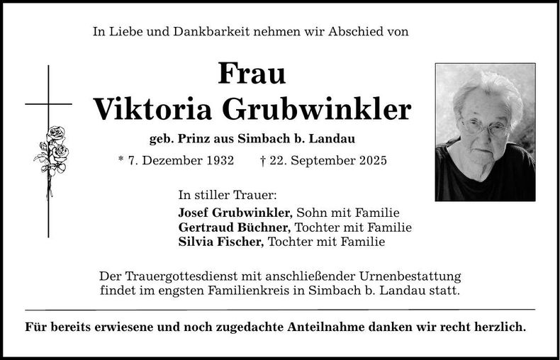 Traueranzeige Viktoria Grubwinkler