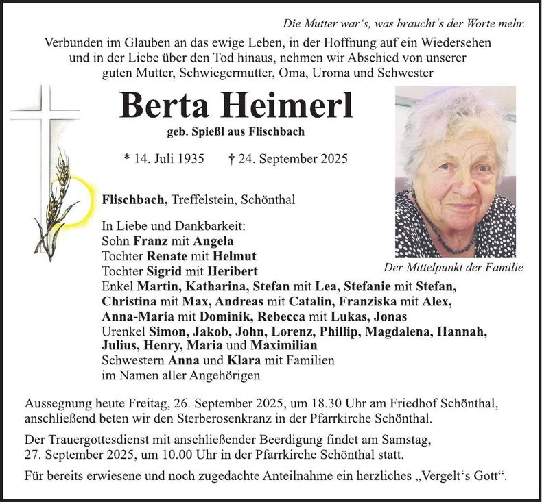 Traueranzeige Berta Heimerl