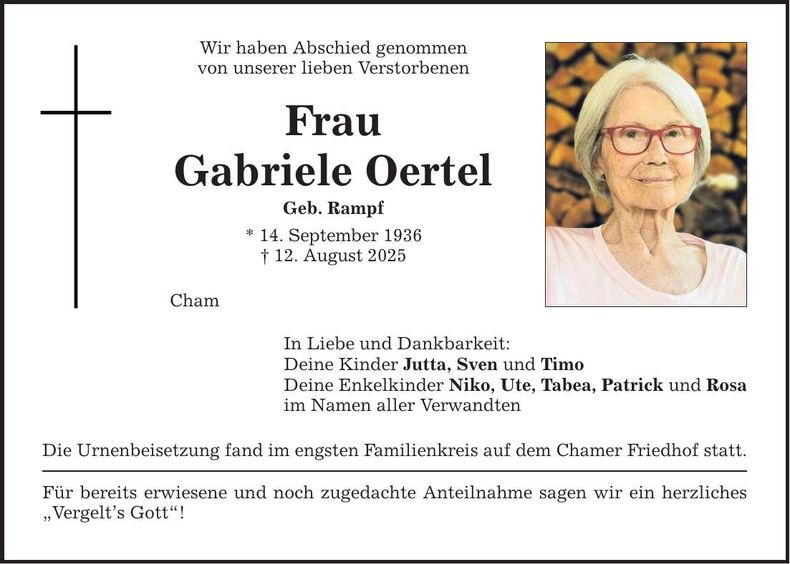 Traueranzeige Gabriele Oertel