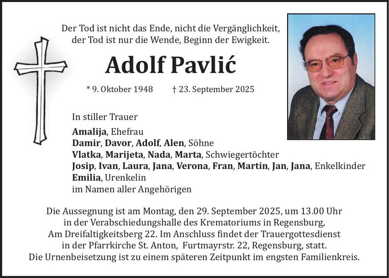 Traueranzeige Adolf Pavlic