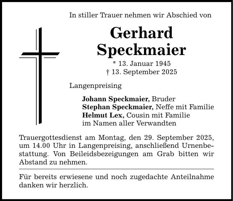 Traueranzeige Gerhard Speckmaier