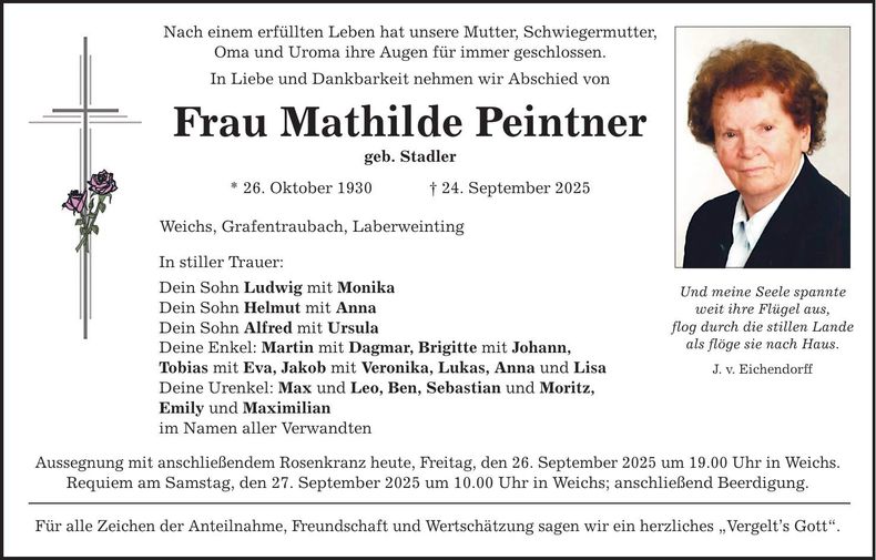 Traueranzeige Mathilde Peintner