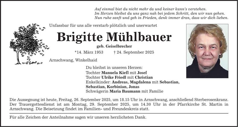 Traueranzeige Brigitte Mühlbauer