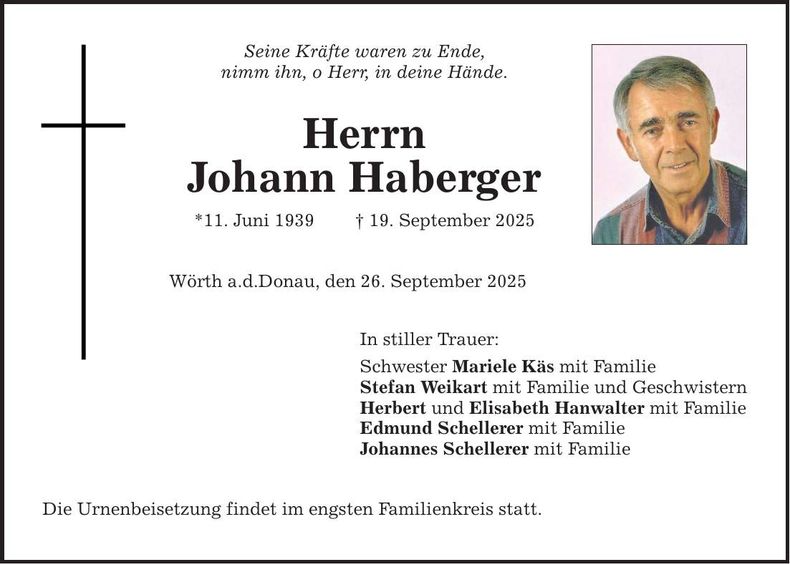 Traueranzeige Johann Haberger