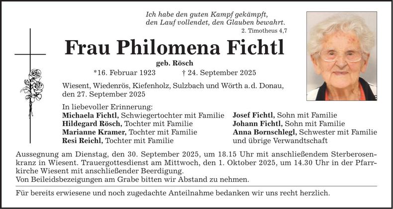 Traueranzeige Philomena Fichtl