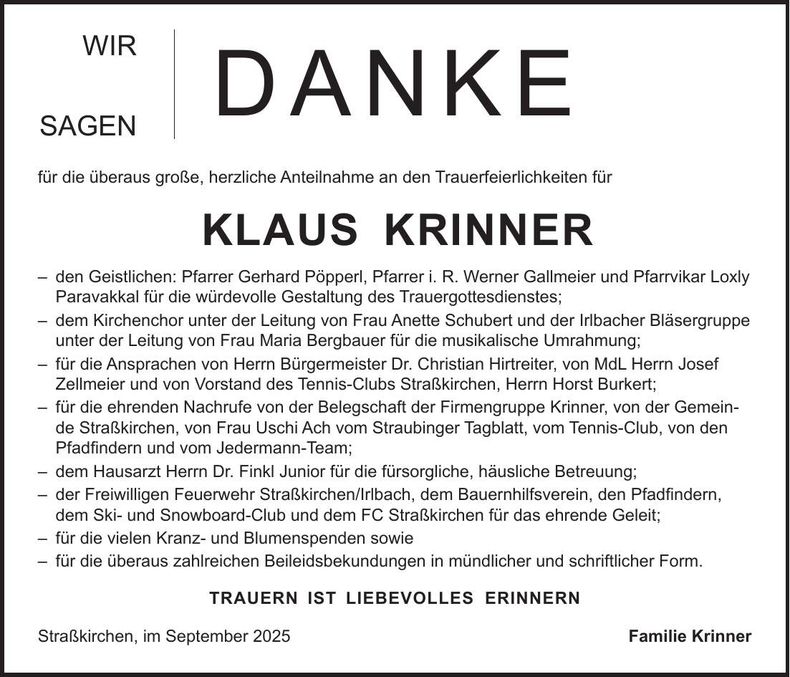 Traueranzeige Klaus Krinner