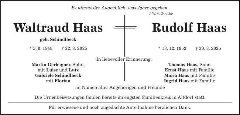 Traueranzeige Waltraud, Rudolf Haas