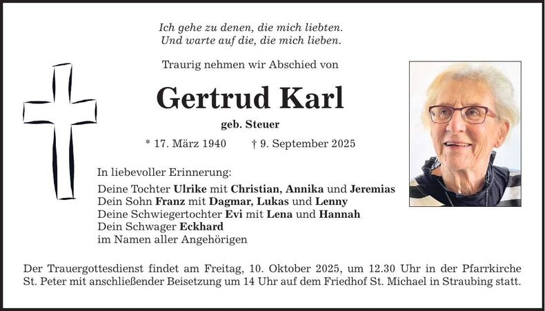 Traueranzeige Gertrud Karl