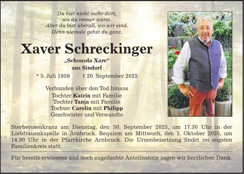 Traueranzeige Xaver Schreckinger