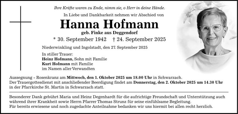 Traueranzeige Hanna Hofmann