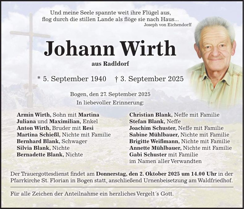 Traueranzeige Johann Wirth