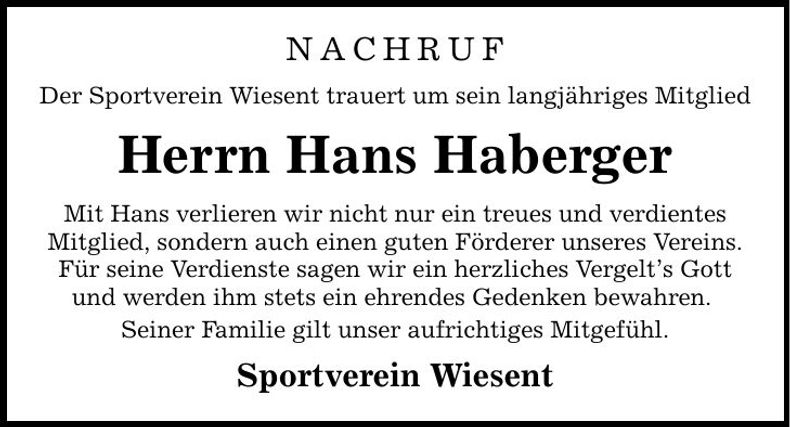 Traueranzeige Hans Haberger