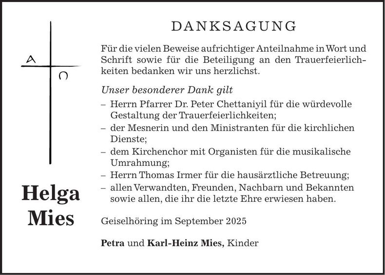 Traueranzeige Helga Mies