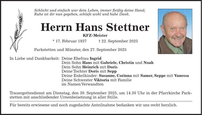 Traueranzeige Hans Stettner