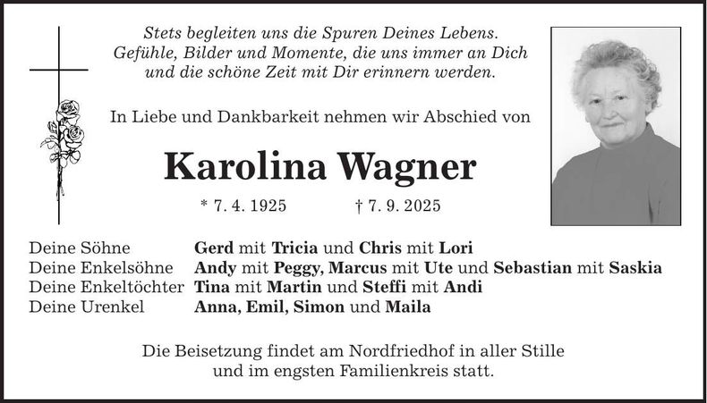 Traueranzeige Karolina Wagner