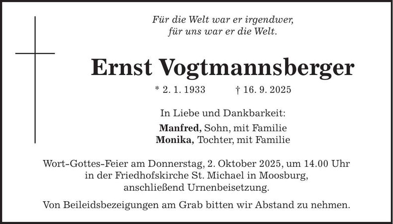 Traueranzeige Ernst Vogtmannsberger