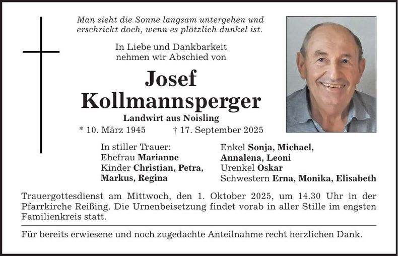 Traueranzeige Johann Kollmannsperger