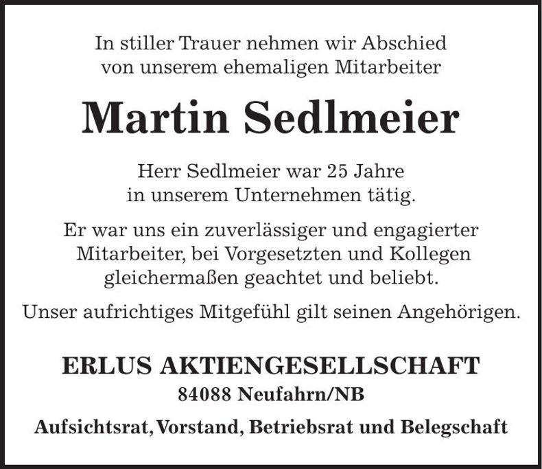 Traueranzeige Martin Sedlmeier