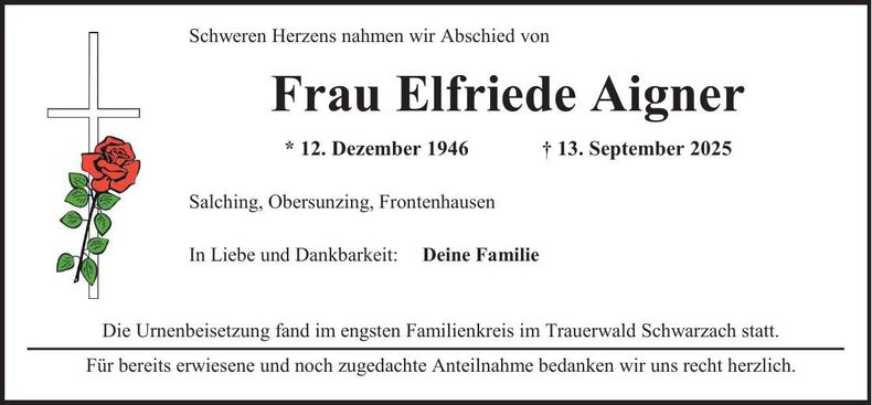Traueranzeige Elfriede Aigner