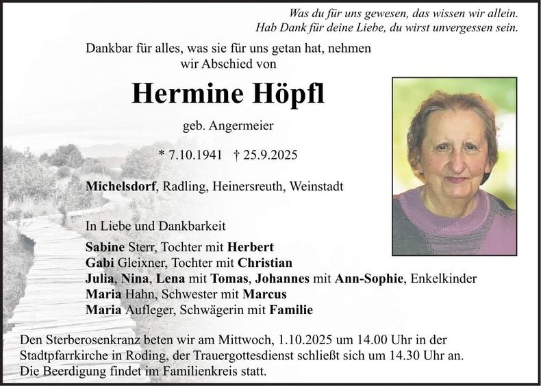Traueranzeige Hermine Höpfl