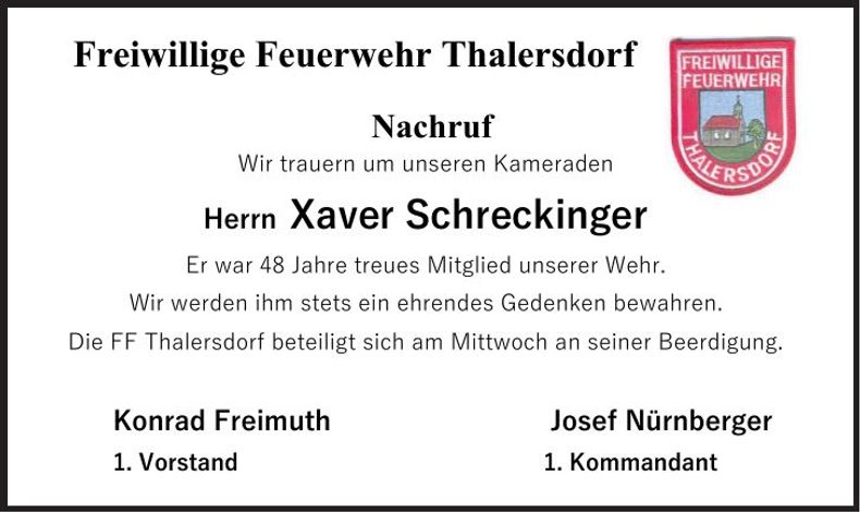 Traueranzeige Xaver Schreckinger