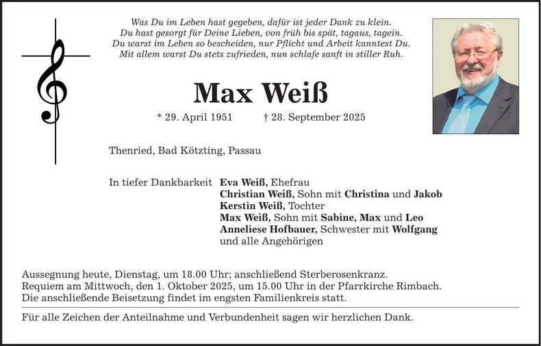 Traueranzeige Max Weiß