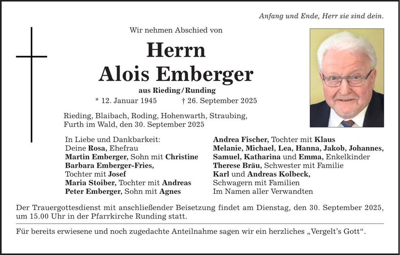 Traueranzeige Alois Emberger