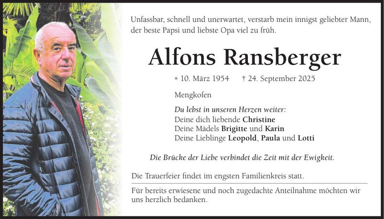 Traueranzeige Alfons Ransberger