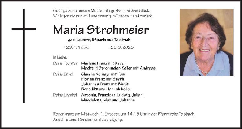 Traueranzeige Maria Strohmeier